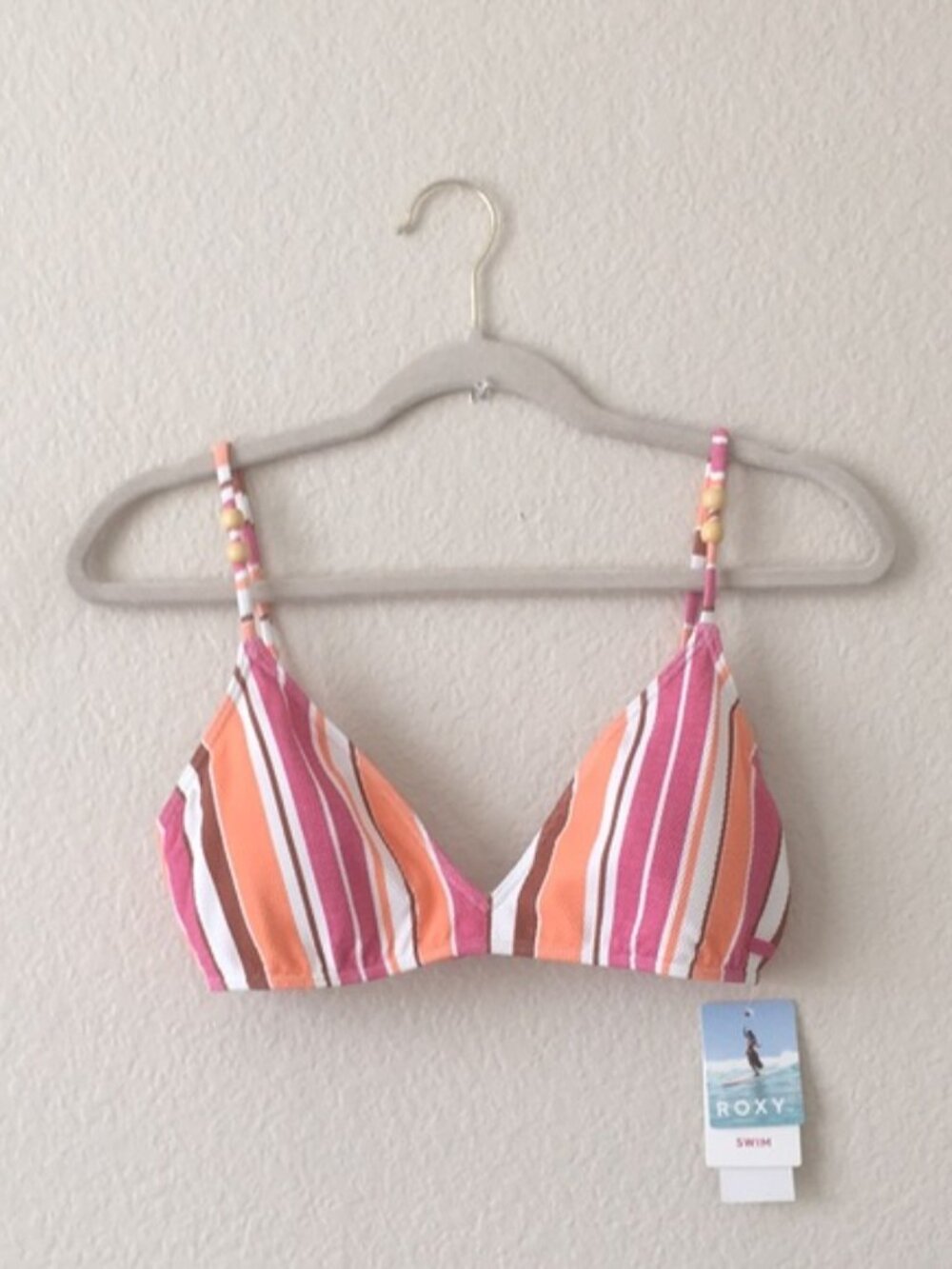 ROXY Vneck Bikini Top Pink Fun Stripe Wireless Large Swim Coastal Beach